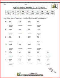 2nd grade math worksheets ordering numbers to 200 1