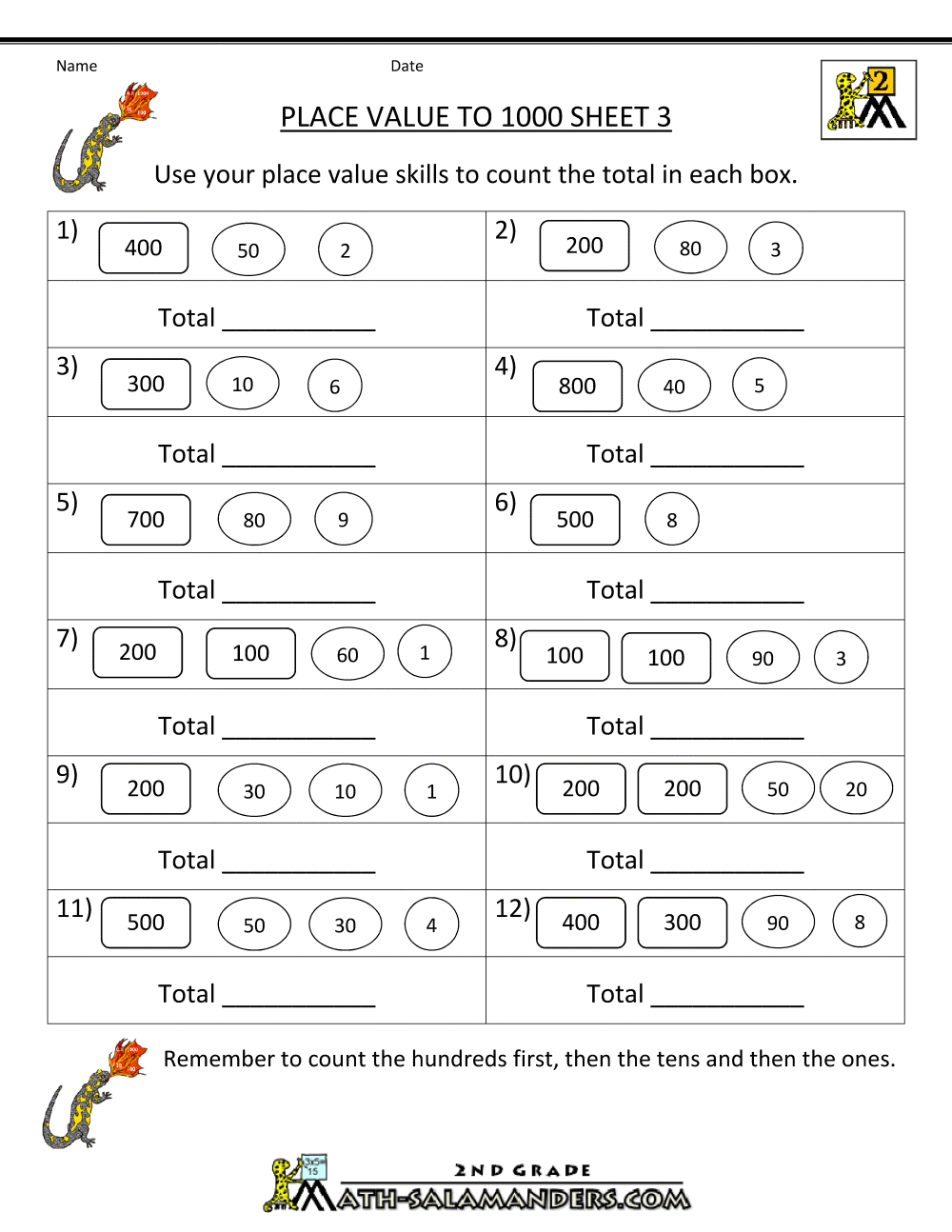 Math Place Value Worksheets to 1000