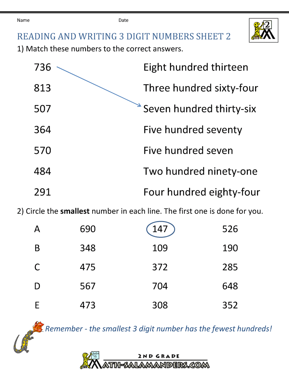 Reading And Writing Numbers Worksheet For Grade 2