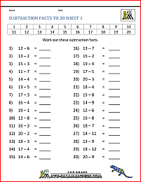 2nd grade math worksheets subtraction facts to 20 1