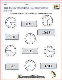 2nd grade math worksheets telling the time oclock half quarter 1b