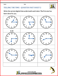 2nd grade math worksheets telling the time quarter past 2