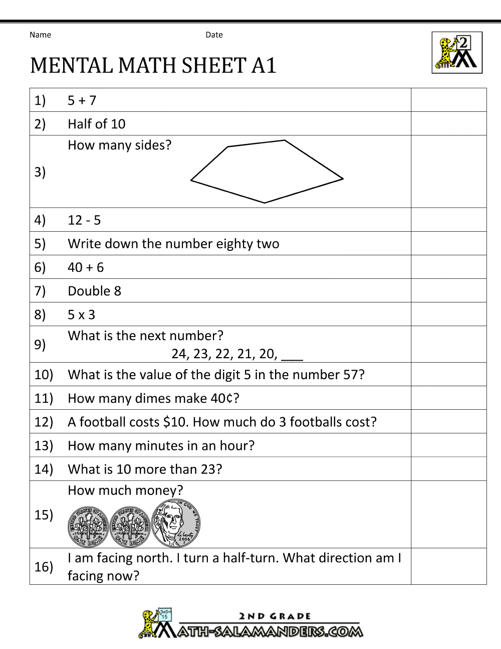 2nd grade mental math worksheets