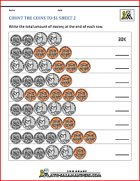 2nd grade money worksheets count the coins to 1 dollar 2