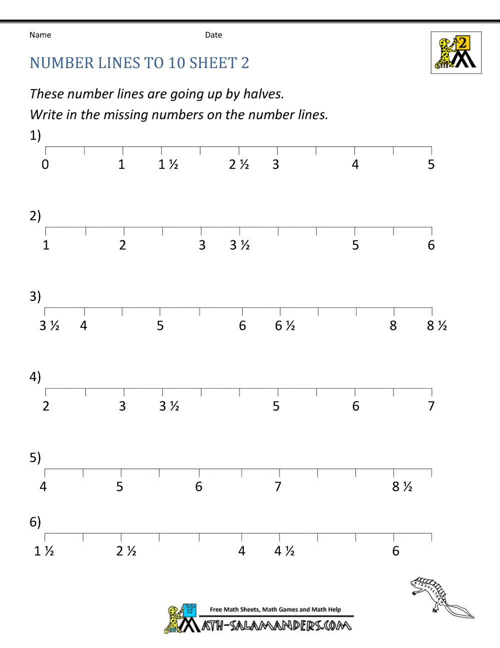 Math Number Line Worksheets Counting By Halves