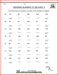 2nd grade place value sheets ordering numbers to 200 2