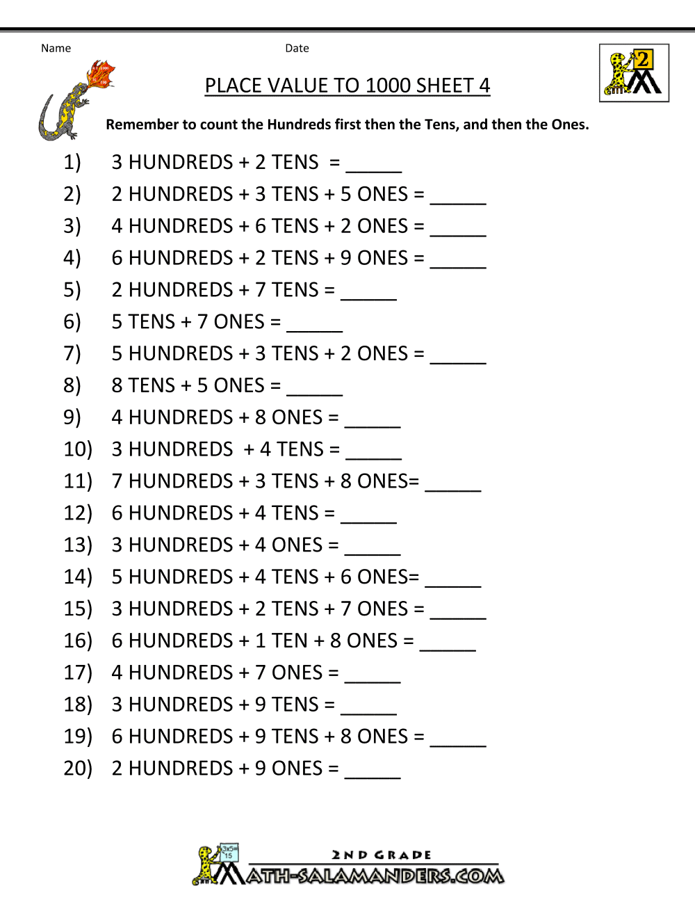 Place Value Chart 2nd Grade Pdf