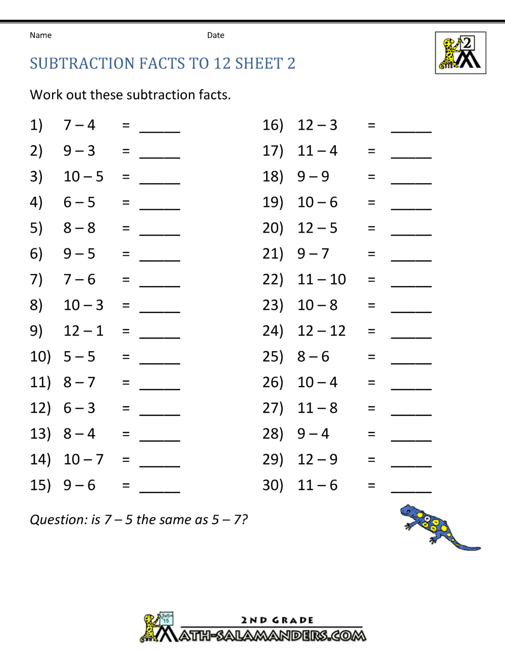 grade 2 worksheet on subtraction