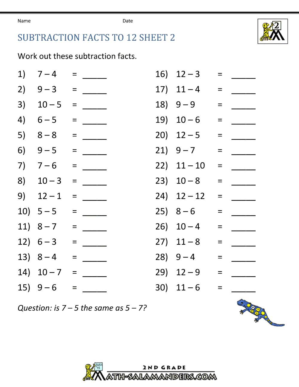 subtraction math worksheets 2nd grade