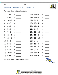 2nd grade subtraction facts to 12 2