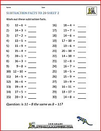2nd grade subtraction facts to 20 2