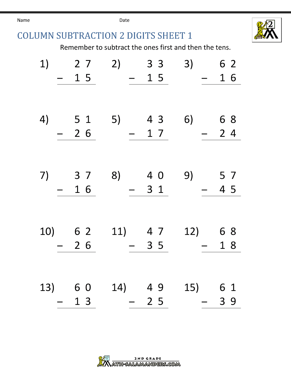 2 Digit Subtraction Worksheets Grade 4 Math Worksheet Place Value 