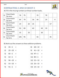 2nd grade subtraction worksheets subtracting 1 and 10 2