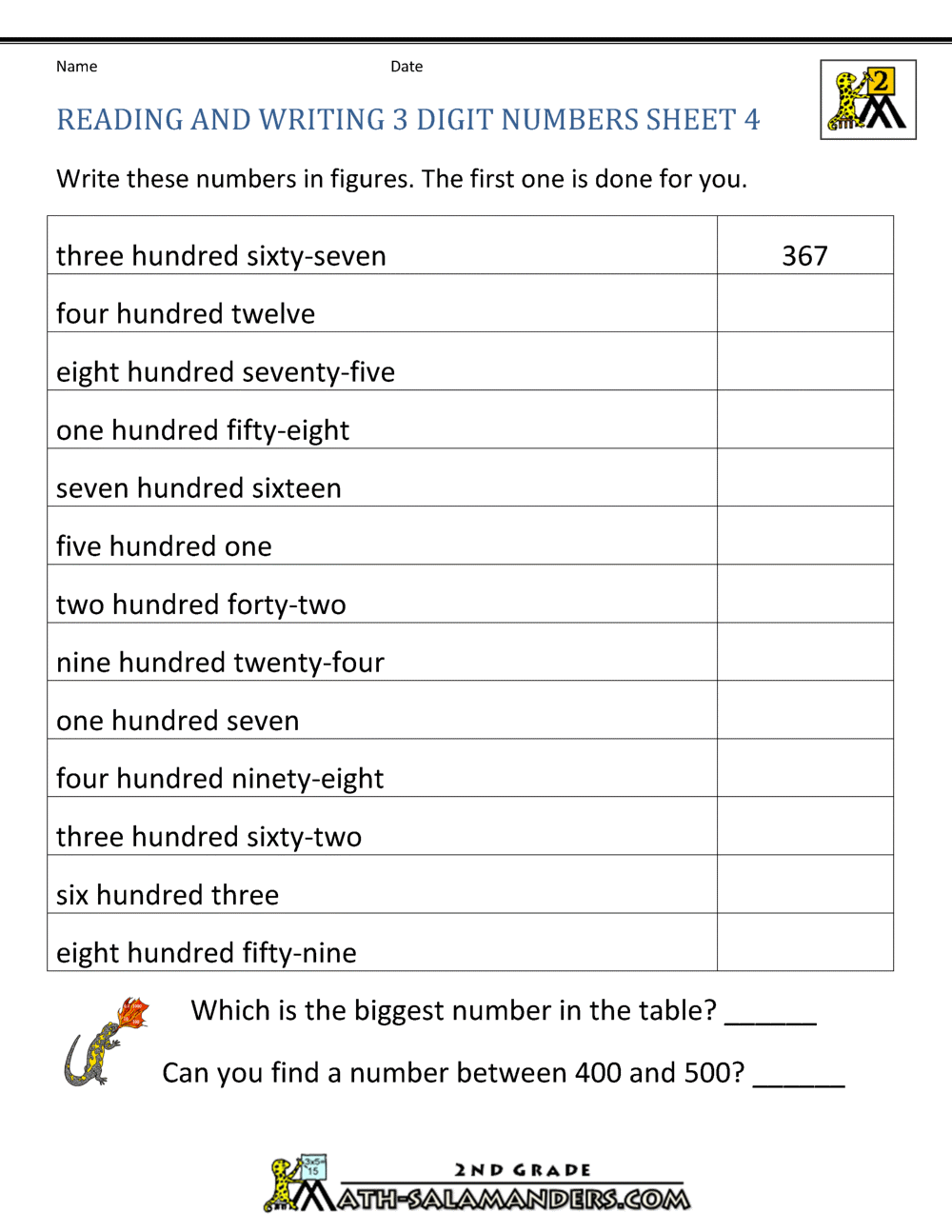 Free Place Value Worksheets  Reading and Writing 3 digit numbers