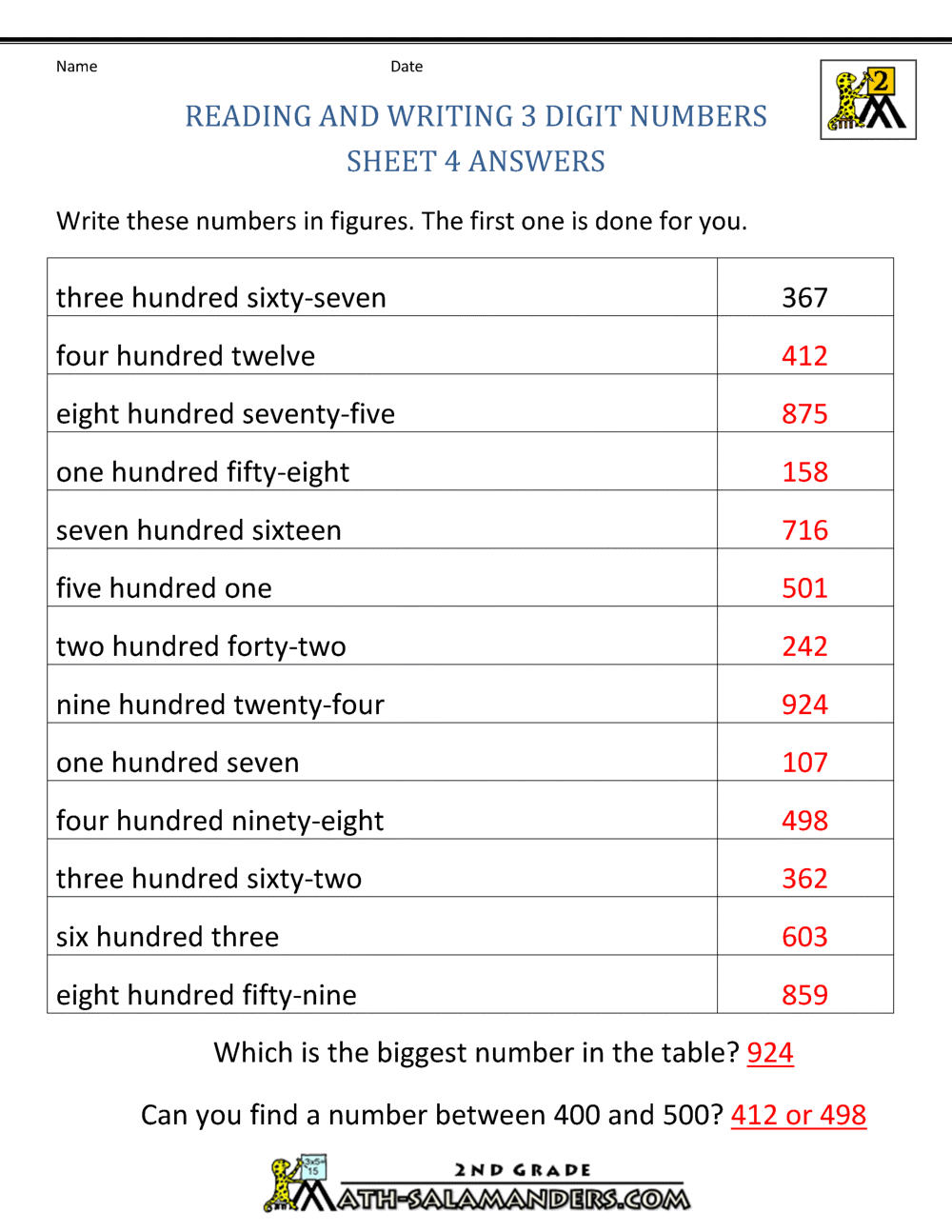 free place value worksheets reading and writing 3 digit numbers