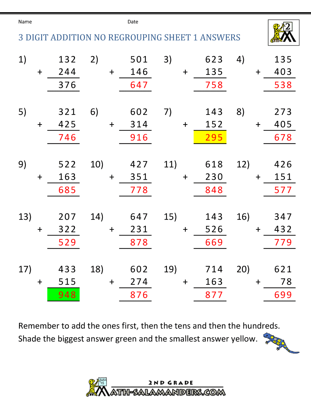 3 Digit Addition No Regrouping Worksheets