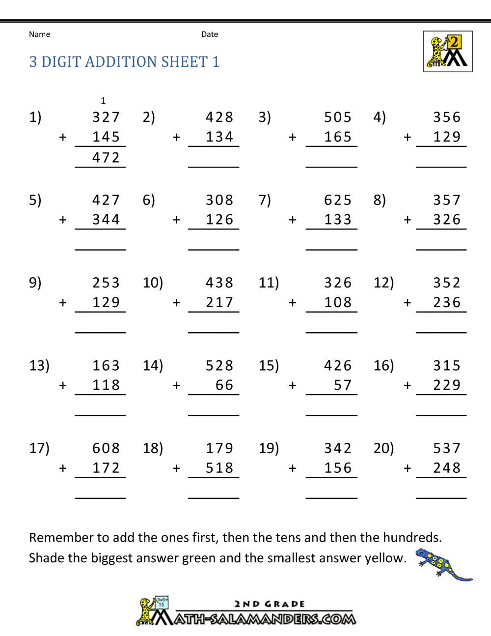 Free Printable Worksheets For Adding 3 Digit Numbers