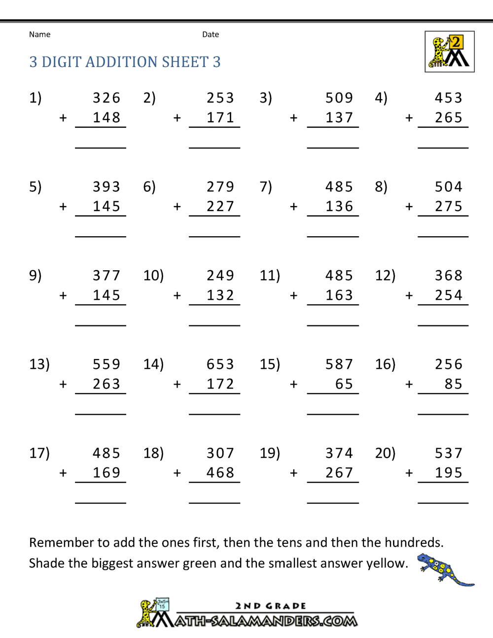 Adding Three Numbers Worksheet