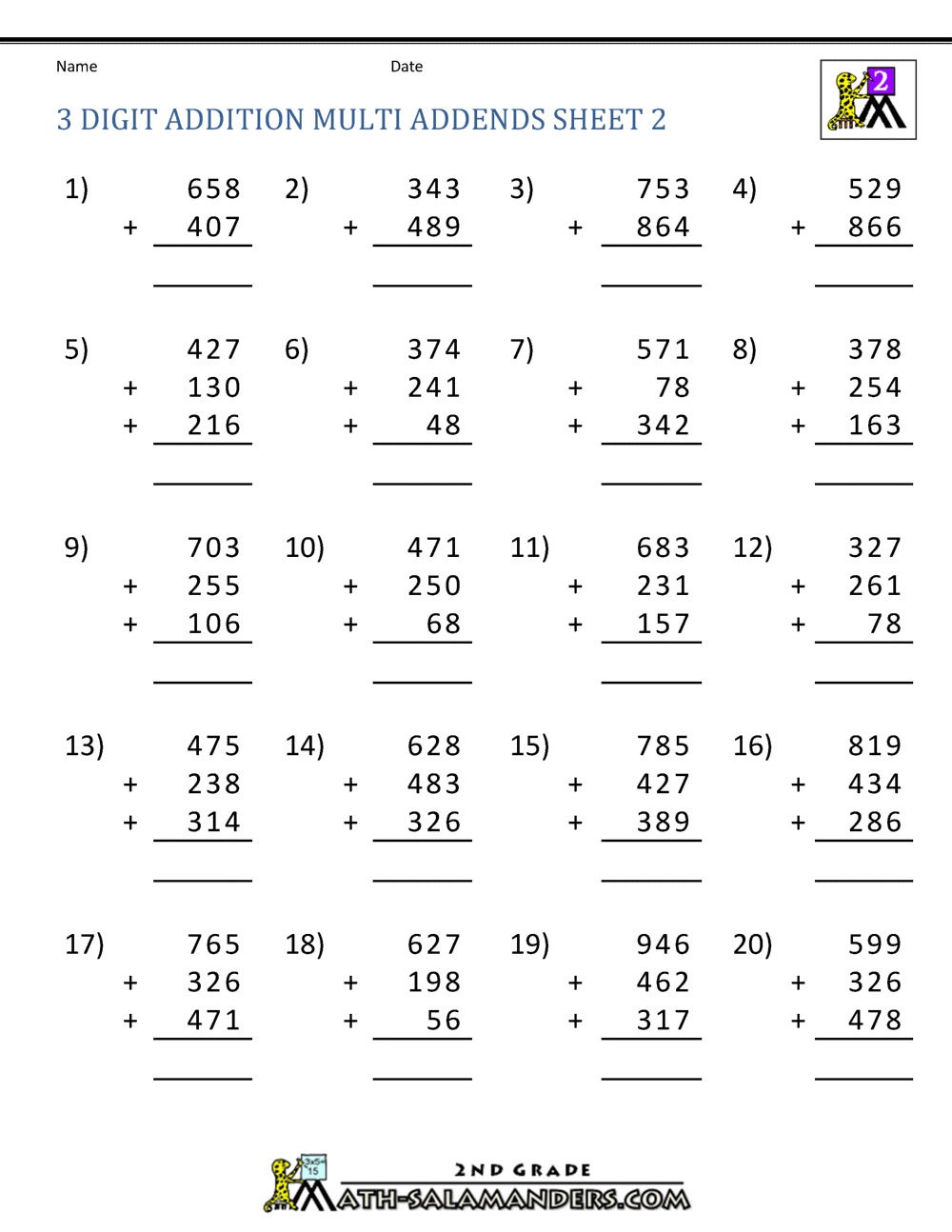 11 Digit Addition Regrouping Worksheets Intended For Adding Three Numbers Worksheet