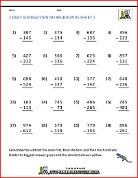 Three Digit Subtraction Without Regrouping Worksheets