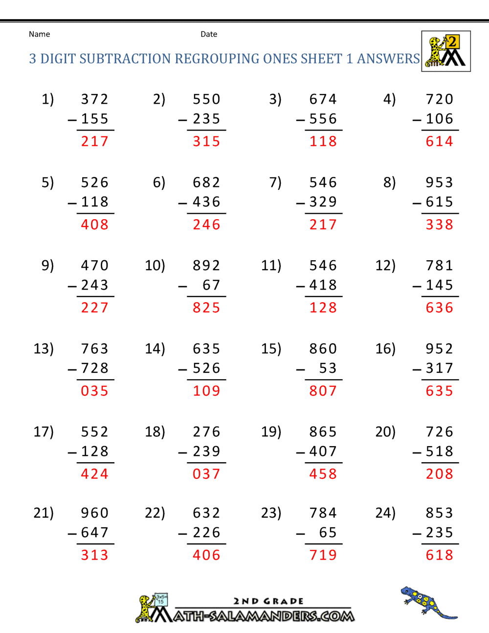 Three Digit Subtraction With Regrouping Worksheets