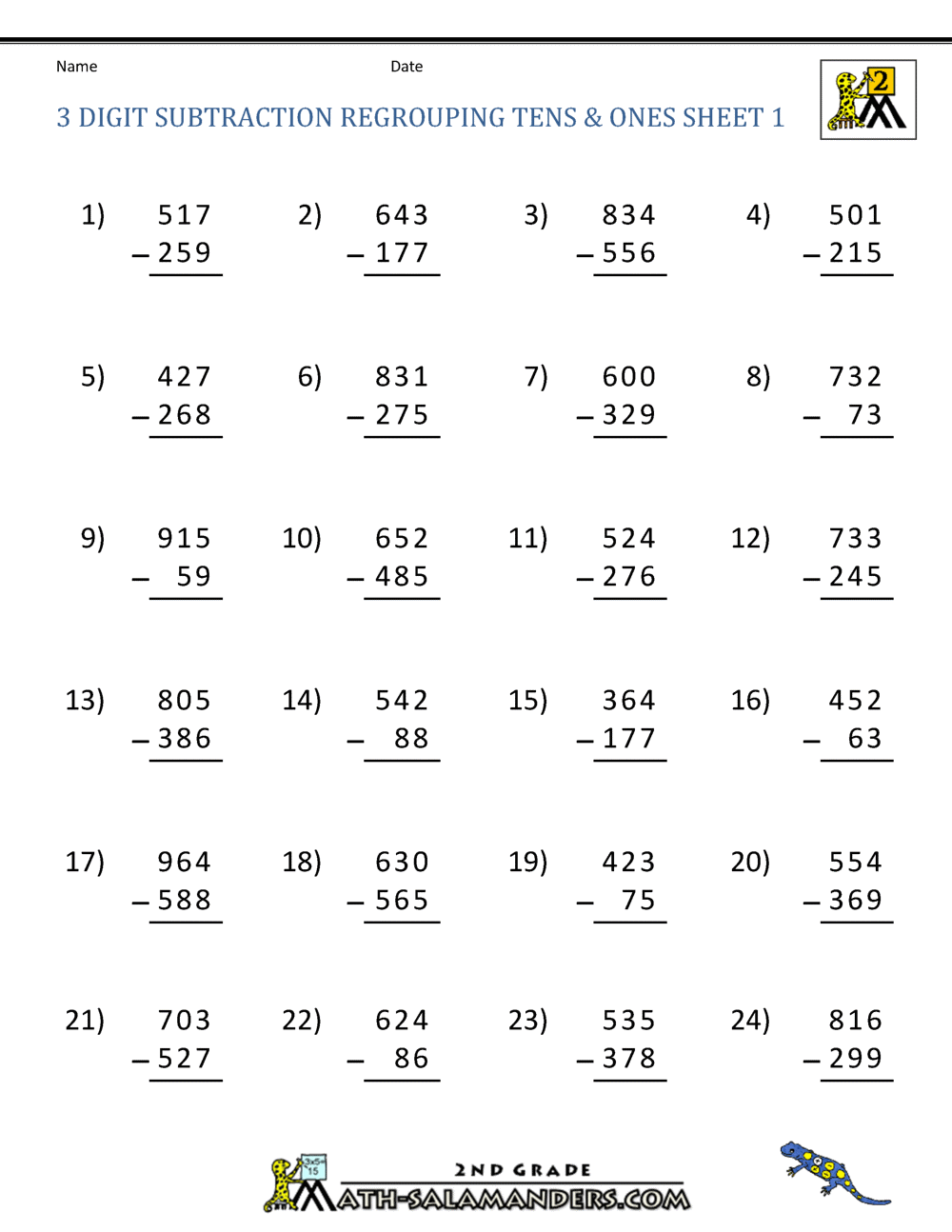 Subtracting Three Digit Numbers With Regrouping Worksheet