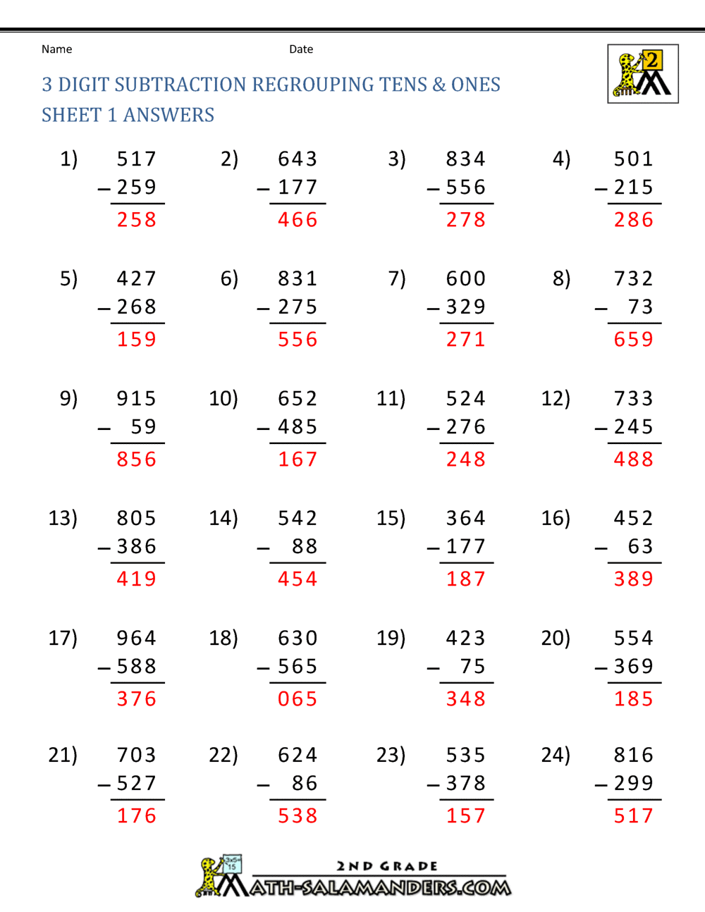Three Digit Subtraction With Regrouping Worksheets