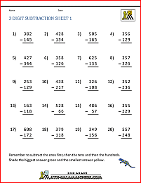 3 digit subtraction worksheet 1