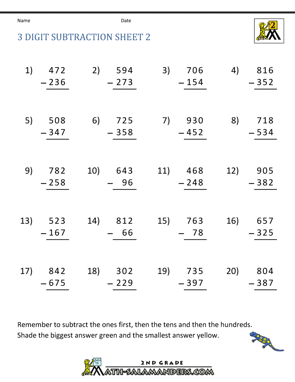 Subtracting 3 Digit Numbers Worksheet