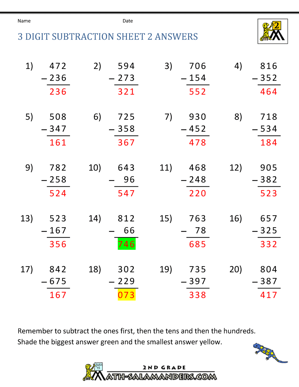 Three Digit Subtraction with Regrouping Worksheets
