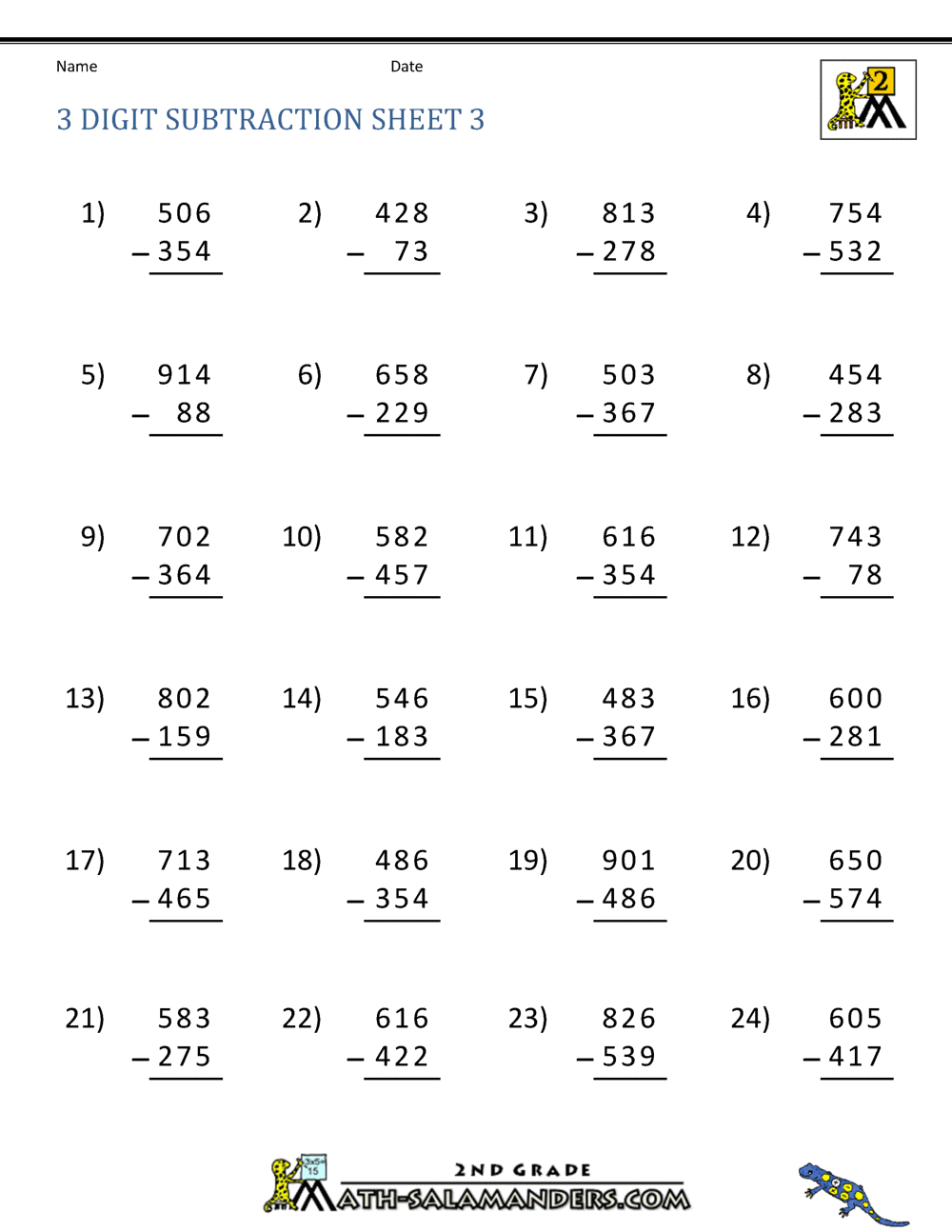 Free Printable Math Worksheets For 3rd Grade Subtraction