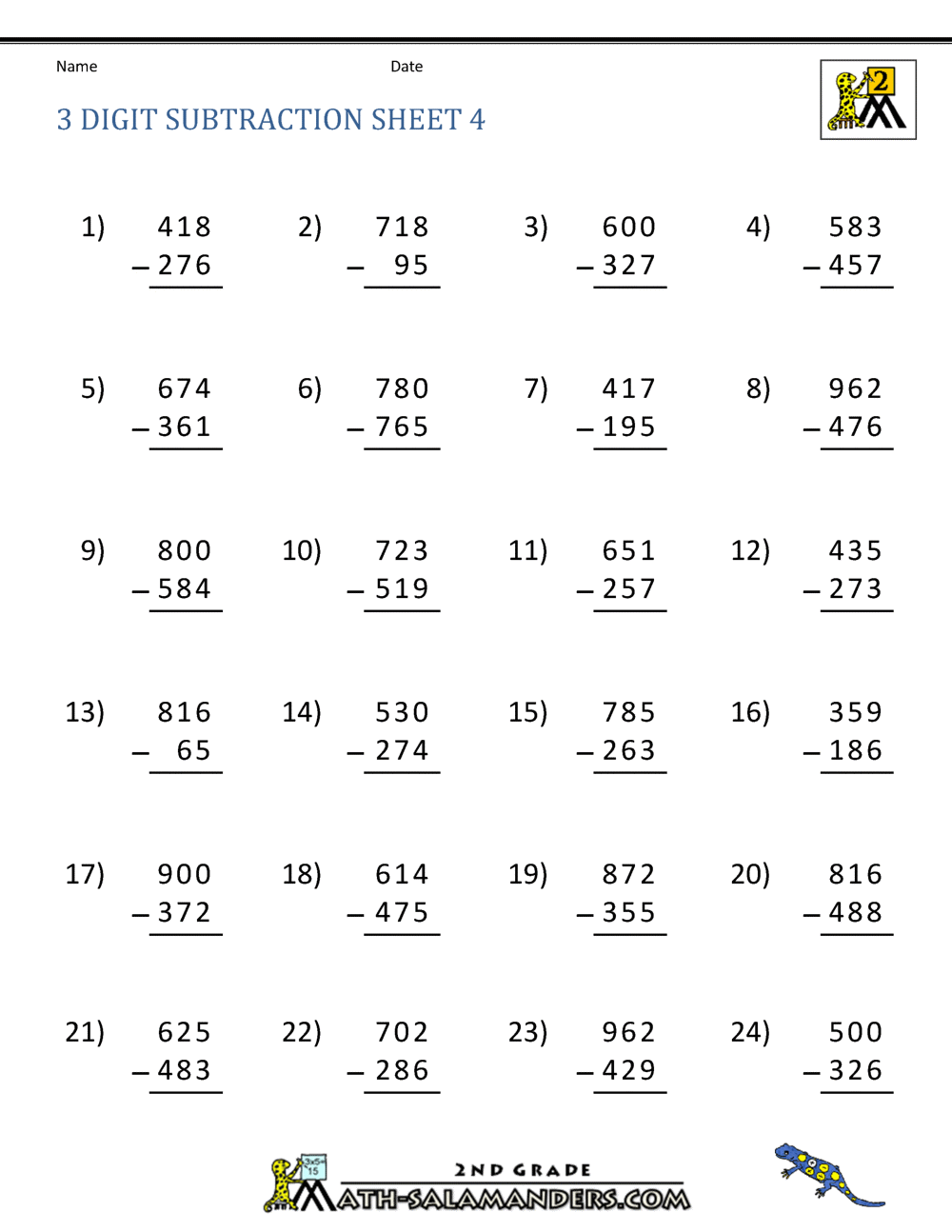 Subtracting 3 And 4 Digit Numbers Worksheets