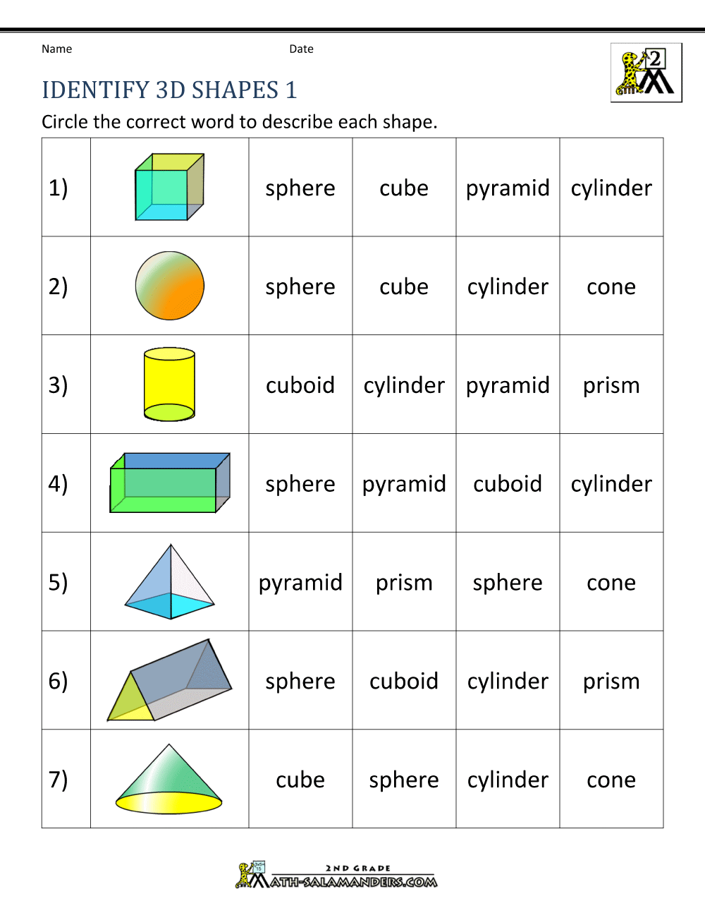 3d shapes worksheets 2nd grade