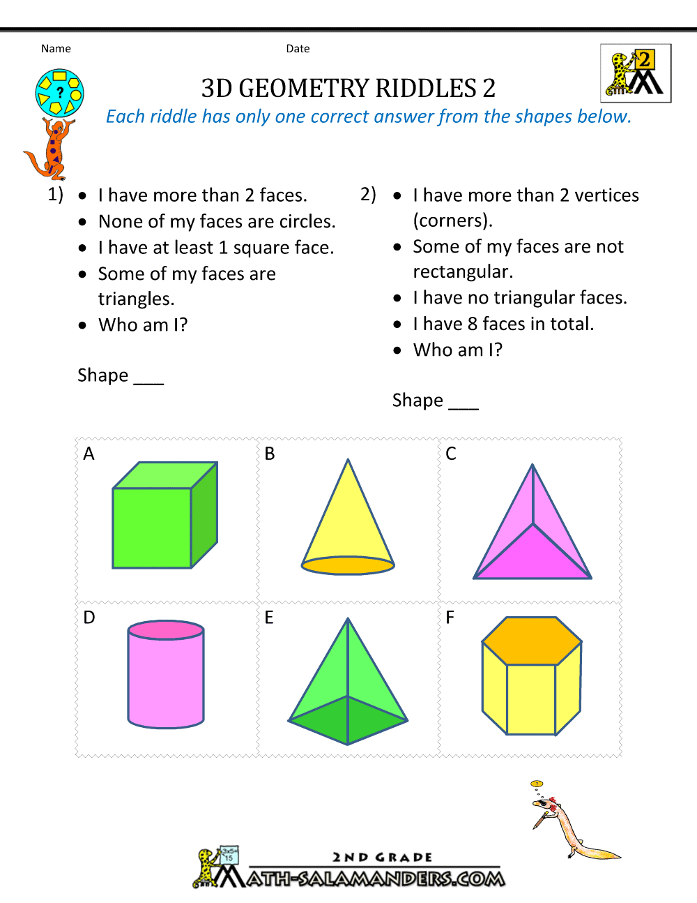 free geometry worksheets 2nd grade geometry riddles