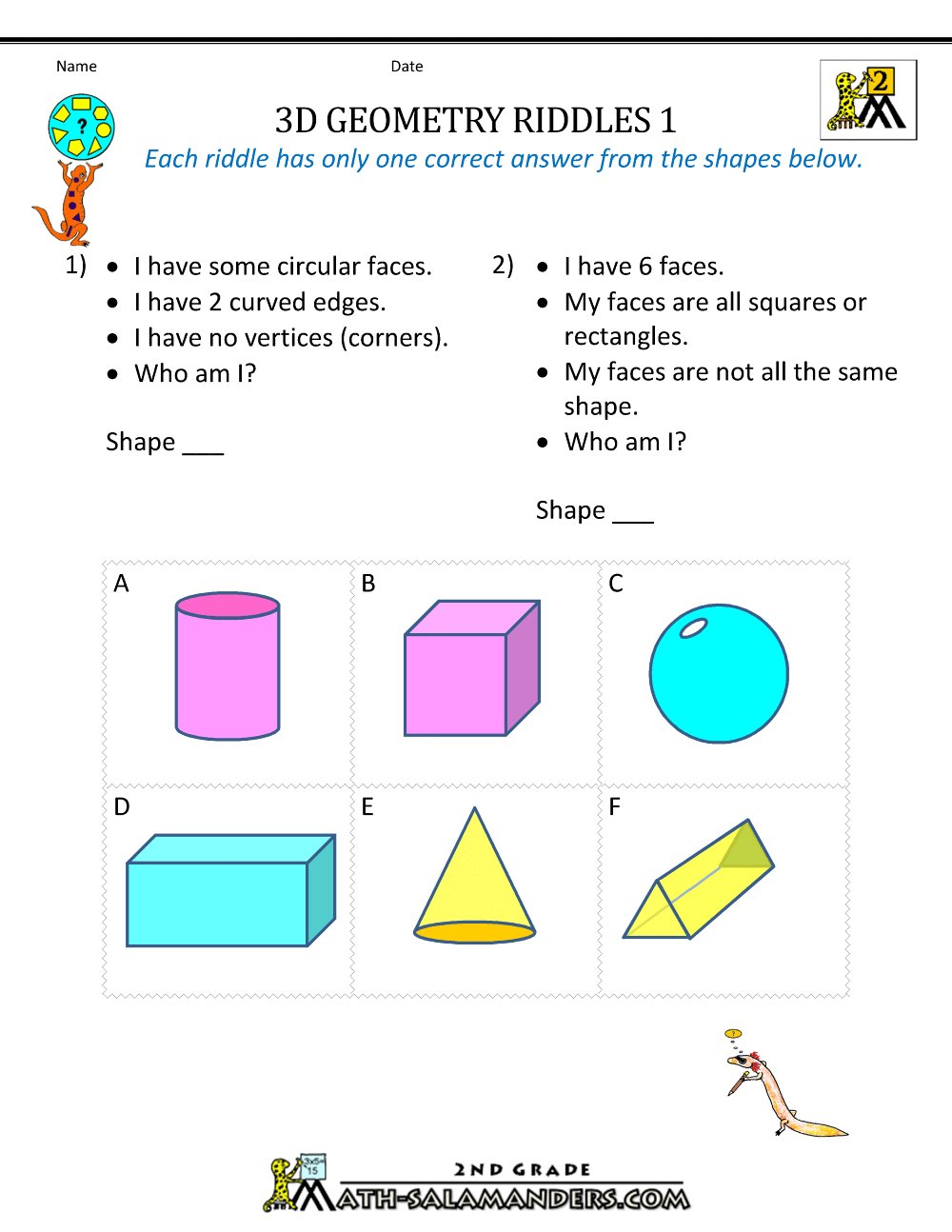 3d Shapes Worksheets 2nd Grade