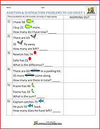 addition and subtraction word problems to 100 1