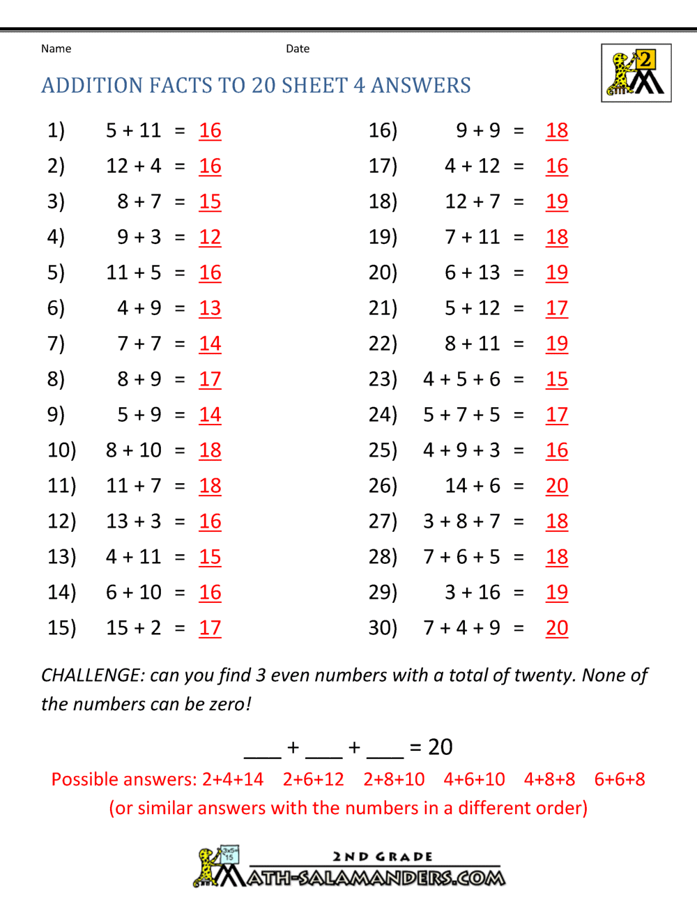 Math Addition Facts To 20