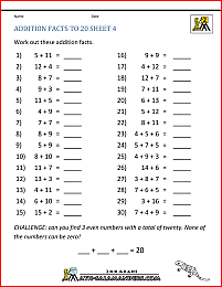 addition facts to 20 4