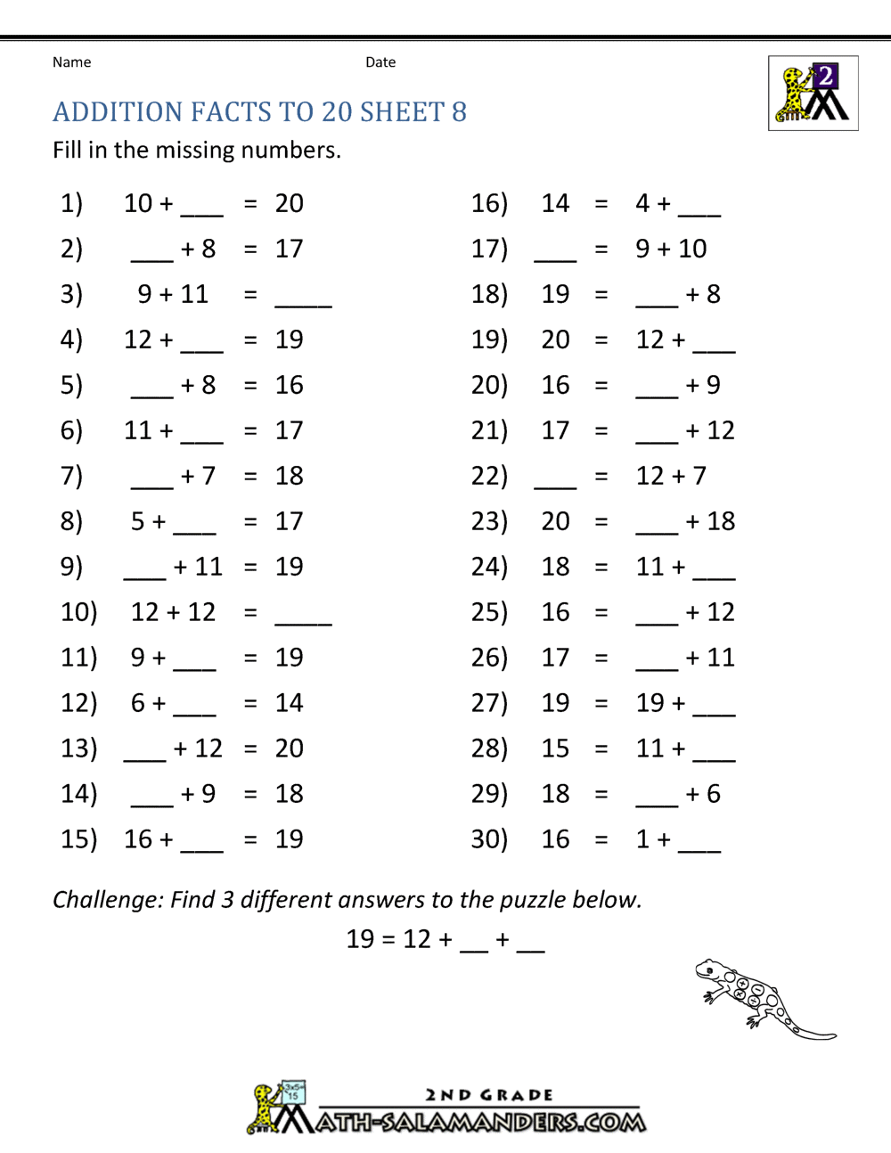 Printable Addition Facts To 20