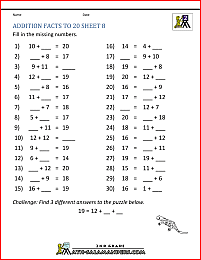 addition facts worksheet to 20 8