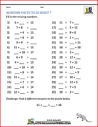 addition facts worksheets to 20 7