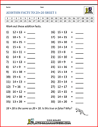addition worksheets to 20 plus 20 1
