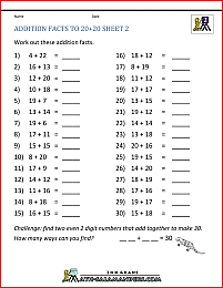 addition worksheets to 20 plus 20 2