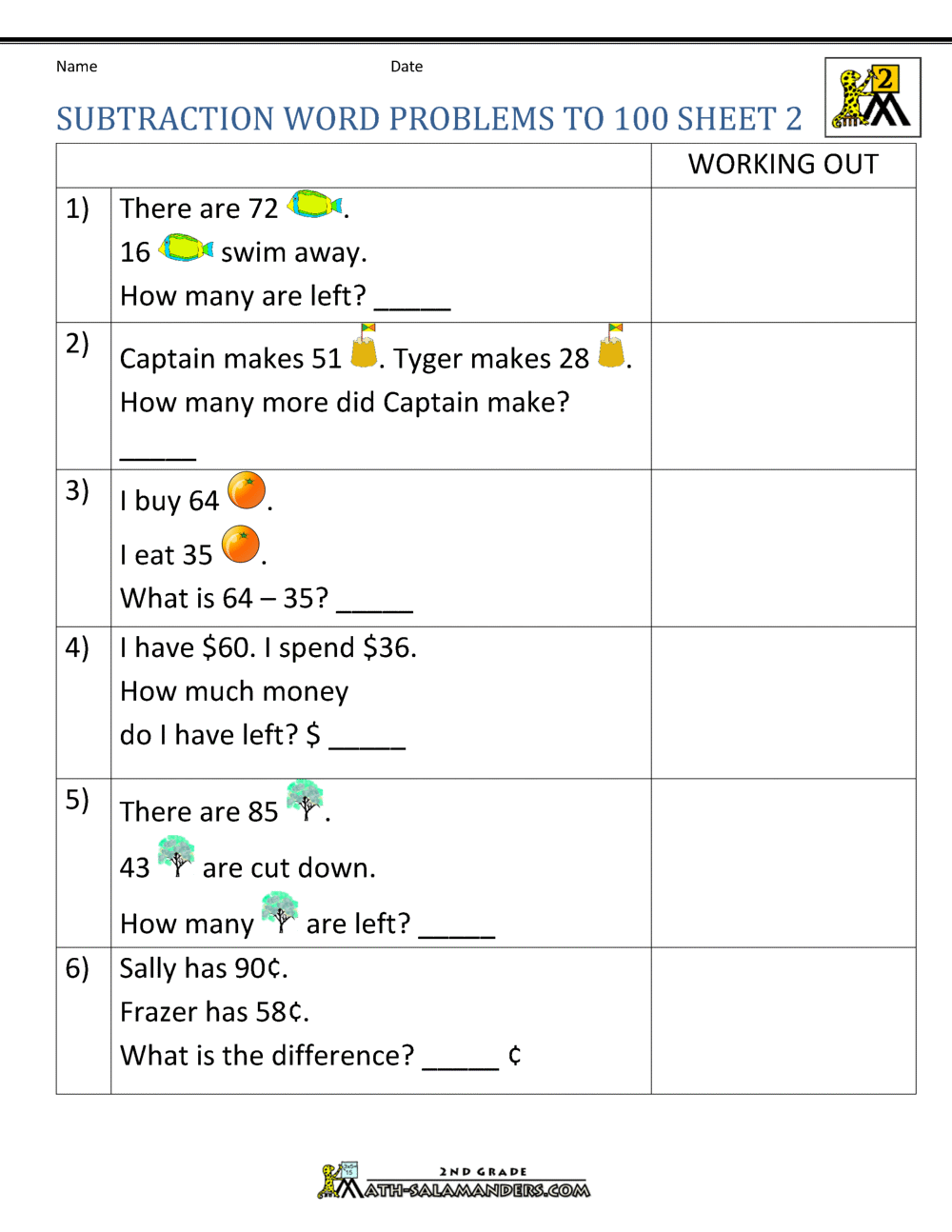 problem solving grade 2 subtraction