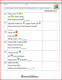 basic subtraction word problems to 100 2