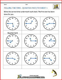 clock worksheet telling the time quarter past to 1