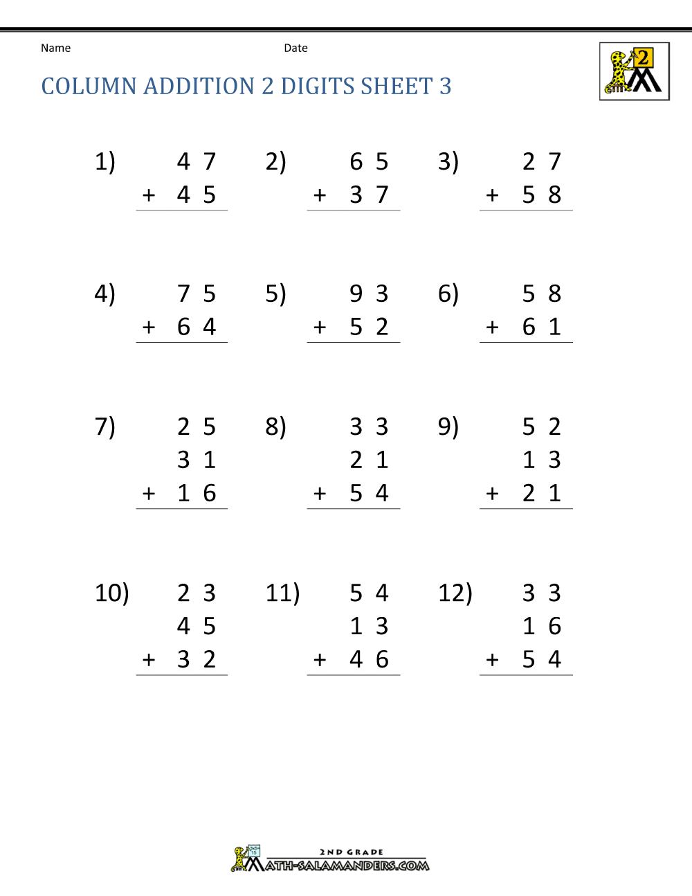 2 digit addition worksheets