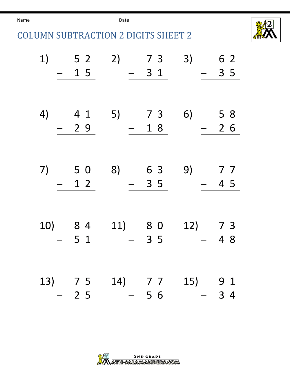 2 Digit Subtraction Worksheets