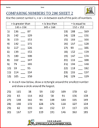 comparing numbers worksheets to 200 2
