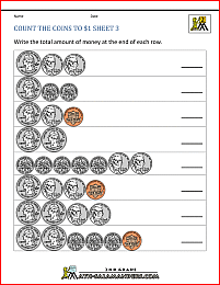 counting money worksheets count the coins to 1 dollar 3